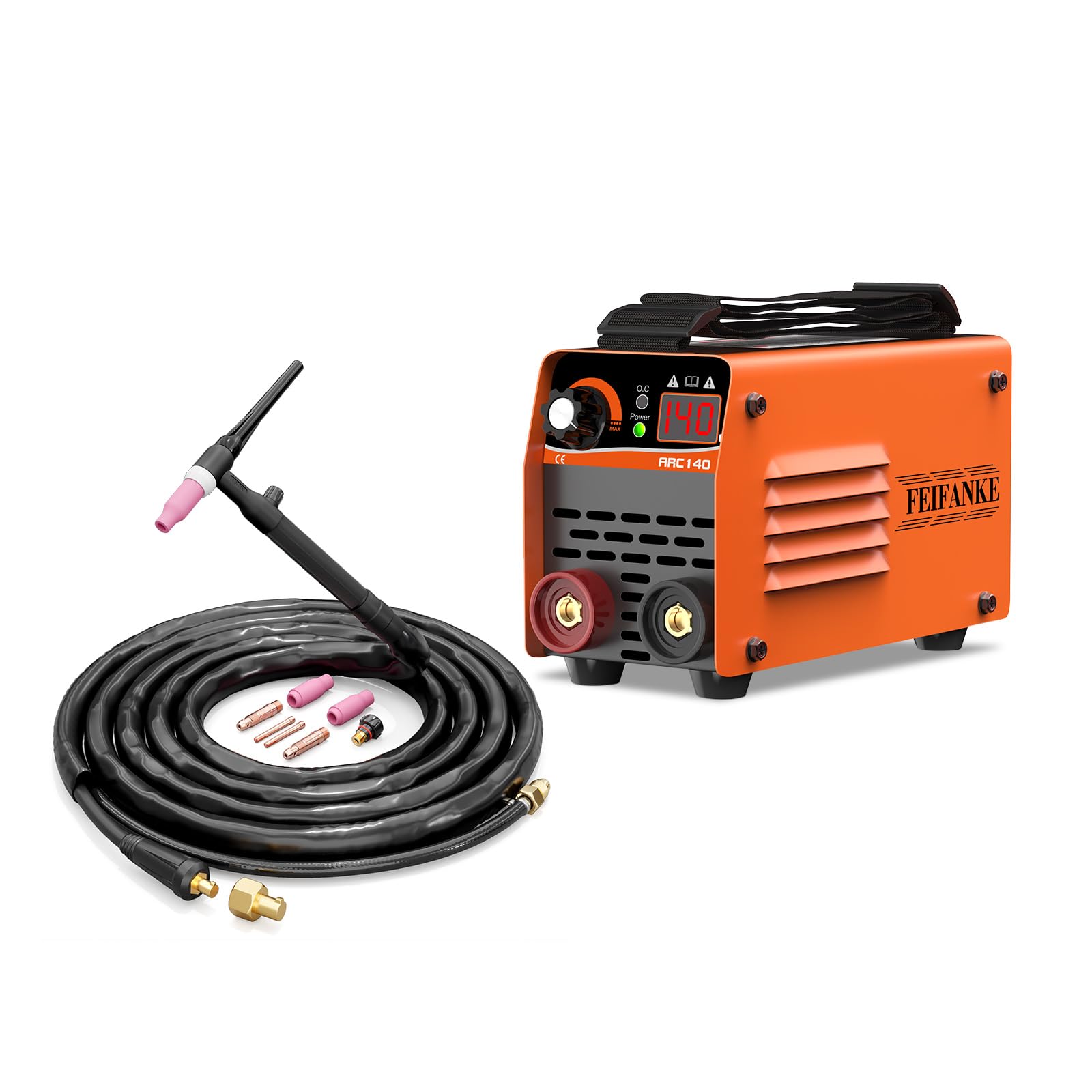 ARC140 Ultra Mini Inverter Schweißgerät – 140 A IGBT DC Elektroden Schweißgerät mit Lift TIG, LED-Anzeige, Anti-Stick,+WP-17V Argon WIG Schlauchpaket 10-50mm² Anschluss 3.0M Lederholster Schlauchpaket