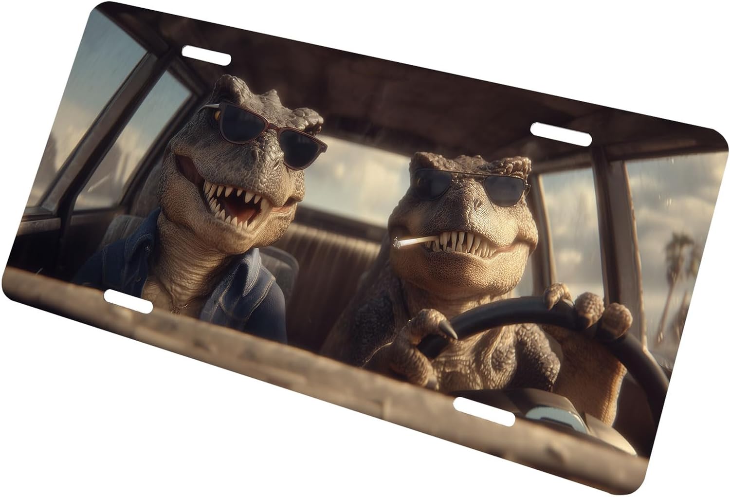 Funny Dinosaur Front License Plate for Women Cool Retro Sunglasses Dino Car Vanity Plates Decorative Aluminum Metal Cute Novelty License Plate Cover for Men 6x12 Inch (4 Holes) image 3