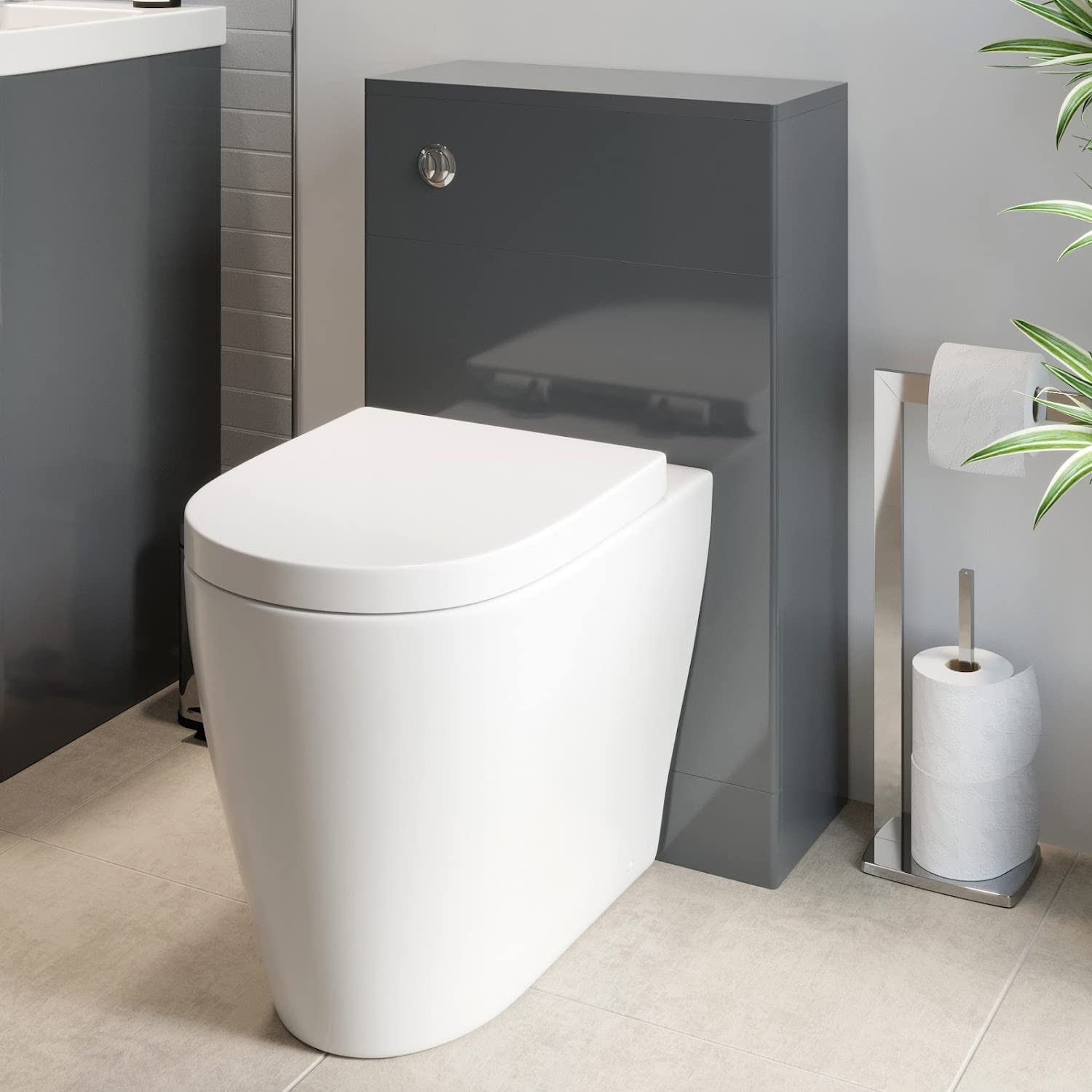 Affine® Forma Modern Bathroom Cloakroom Back to Wall BTW Toilet WC 500mm Furniture Unit D Shape Pan Soft Close Seat Dual Flush Cistern, Grey Gloss
