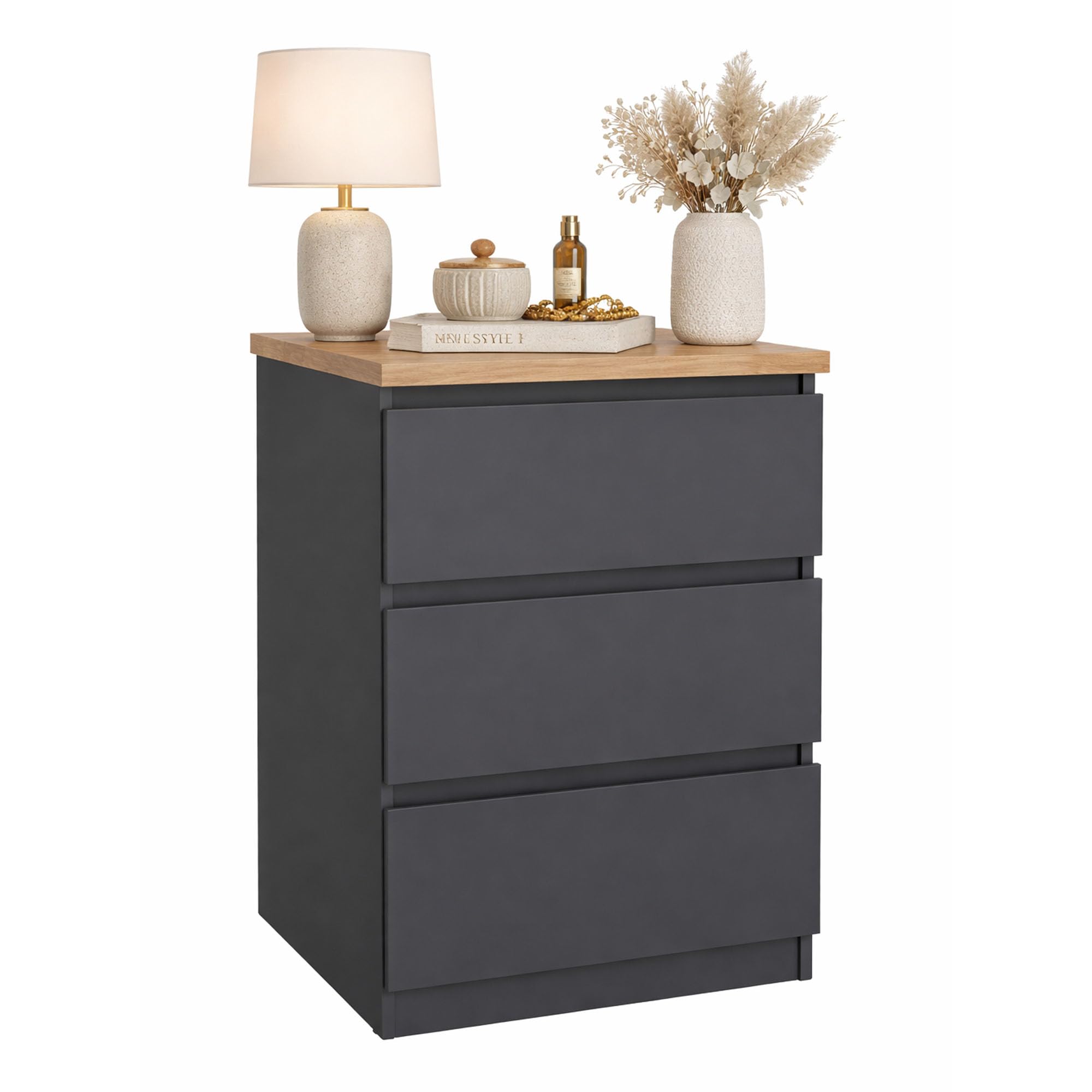 WELL HOME MOBILIARIO & DECORACIÓN Mesita de Noche, Mesa Auxiliar SIL Mat Grey con 3 Cajones, Color Gris Mate y Jackson Hickory, 41 x 50 x 70 cm