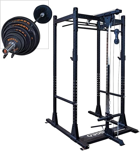 Rugged Strength & Fitness Power Rack (Y100P3) con accesorio Lat - Juego de pesas de 300 libras incluido, ideal para entrenamiento de fuerza en el