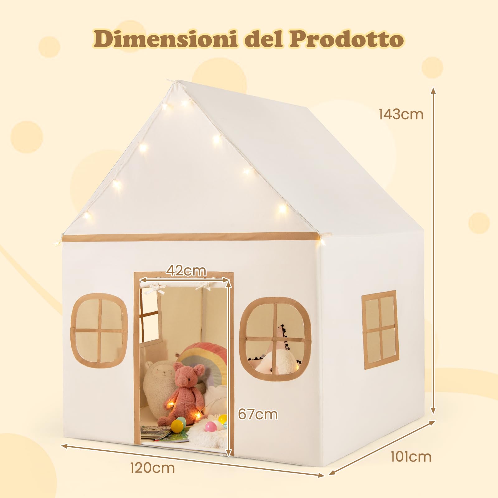 RELAX4LIFE Tienda de Juego con Forma de Casita para Niños, Casita Infantil Plegable con Luces Brillantes, 4 Ventanas Ventiladas, Colchón Suave de Algodón para Exterior e Interior (Café)