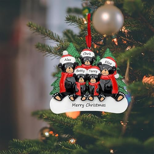 Miniatura 16 de MAXORA Adorno de Navidad familiar personalizado 2025 – Familia de 5 adornos de oso negro para decoración del árbol de Navidad – Adorno de oso