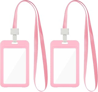 2 Pcs Pink Work Id Badge Holders, Name Tag Holder with Pink Lanyards and Clear Window, Id Card Holders for Women Nurse Officer Teacher Teen School Hospital Activity