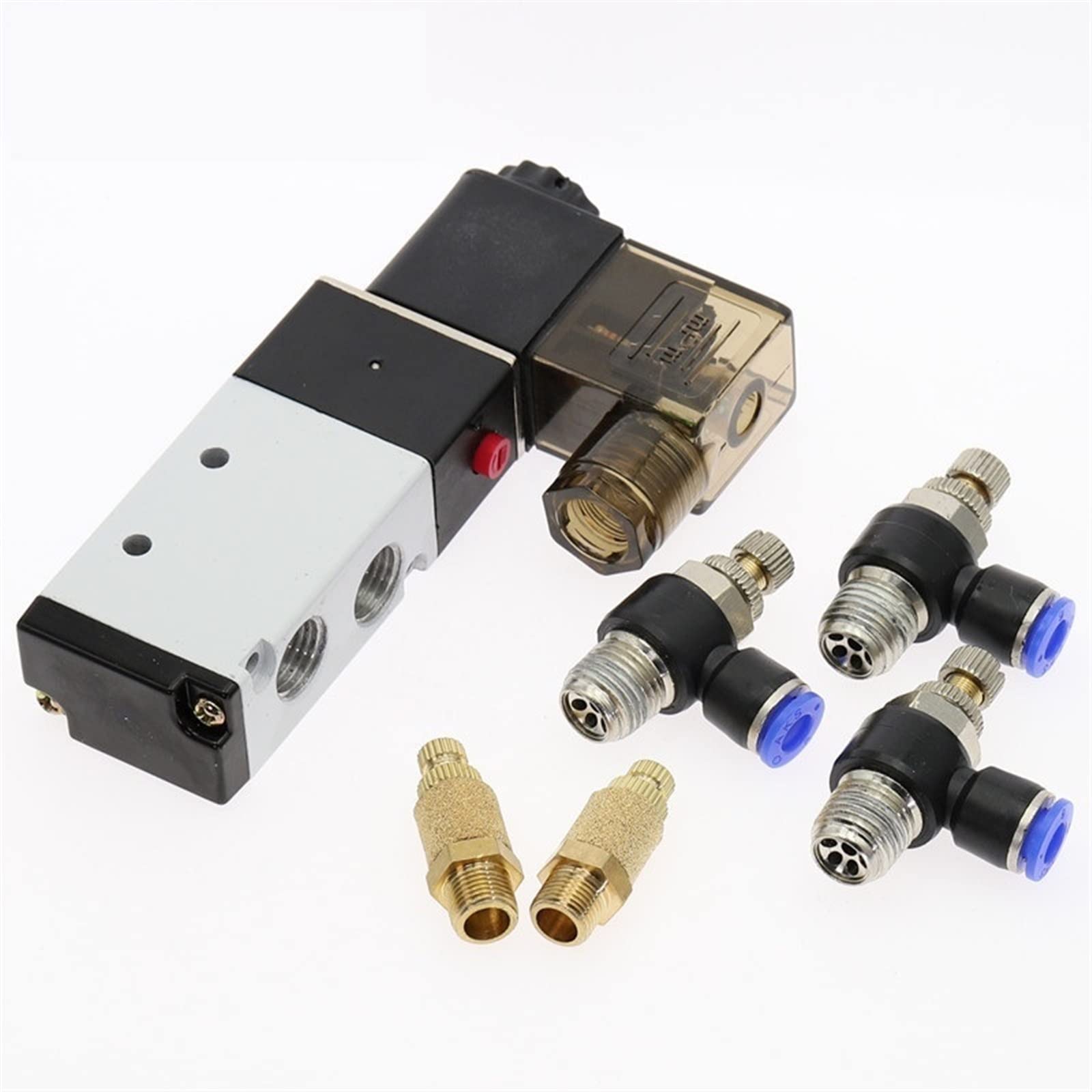 Válvula solenoide eléctrica neumática de 5 vías, control de 2 posiciones, válvula magnética de aire y gas, 12 V, 24 V, 220 V, 4 mm-12 mm, accesorios de manguera, 1 unidad (4v210-08, AC220)