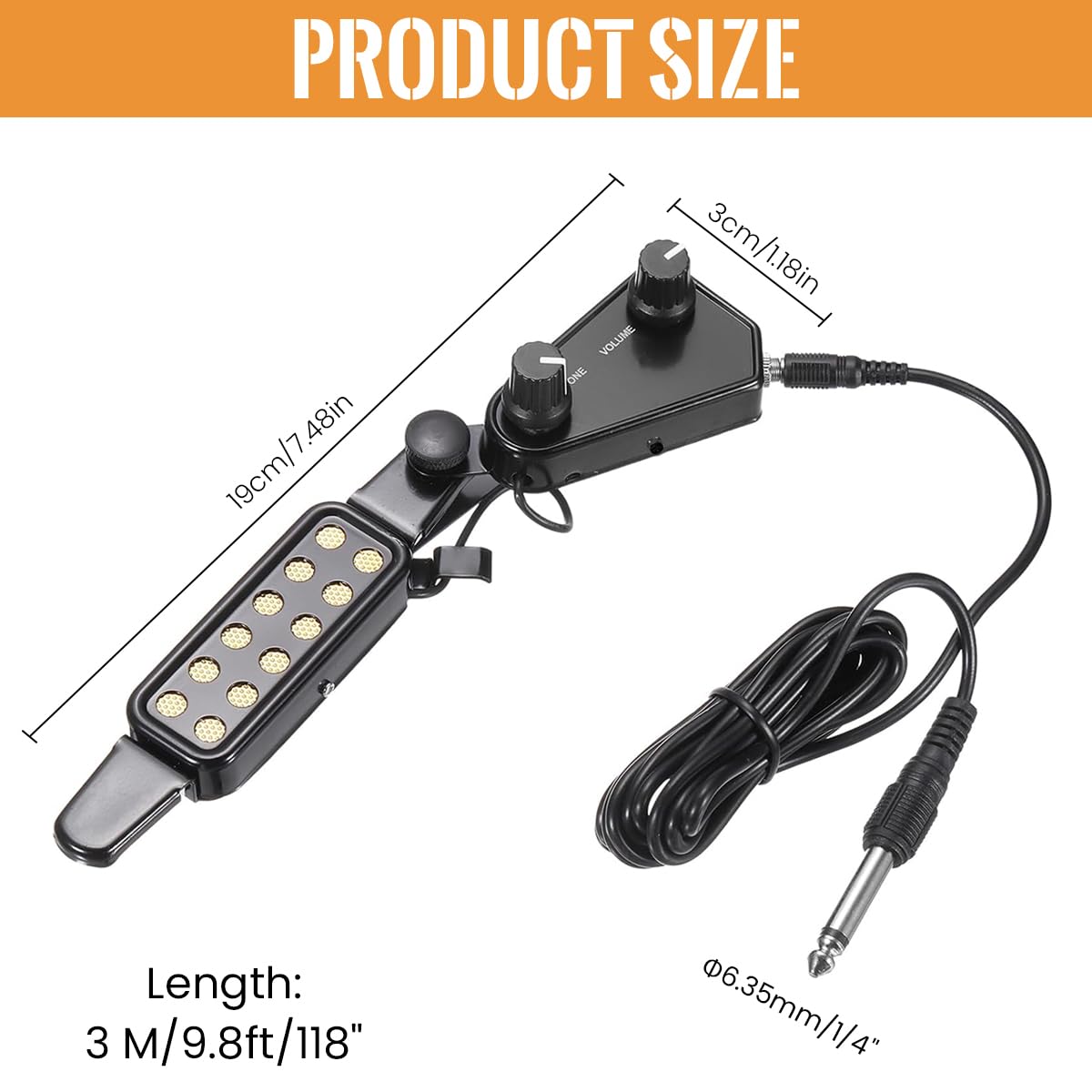 HASTHIP® Guitar Pickup 12 Pole Pieces Design, Clip-On Acoustic to Electric Guitar Accessories with Tone & Volume Control, Plug-and-Play Transducer for Studio & Live Performances, 10Ft Cable - Image 2 thumbnail
