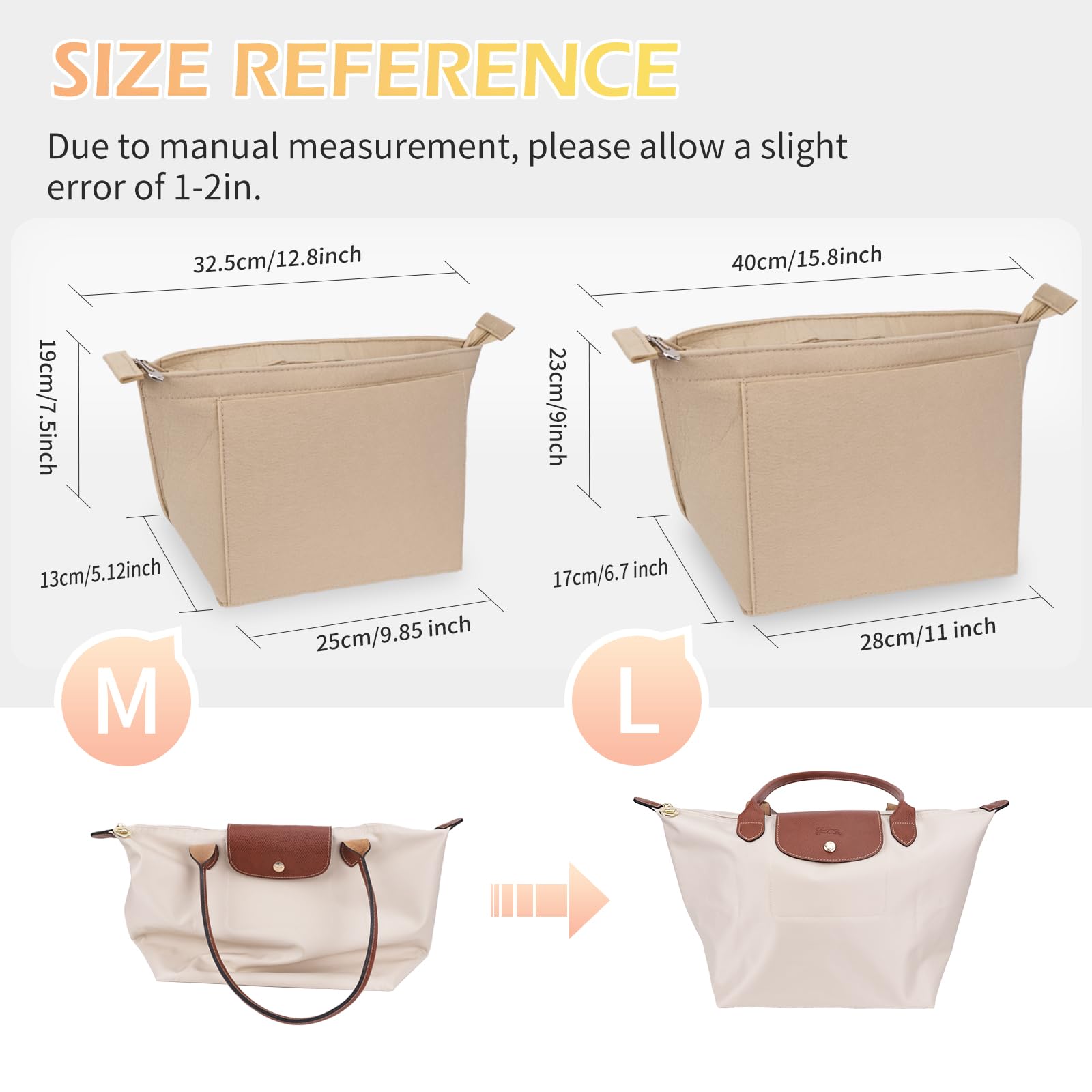 GADITIEK Inserto organizer per borse, in feltro, beige, grande, organizer per borsa Longchamp, organizer per borse Le Pliage grande, organizer per borse (beige, L)