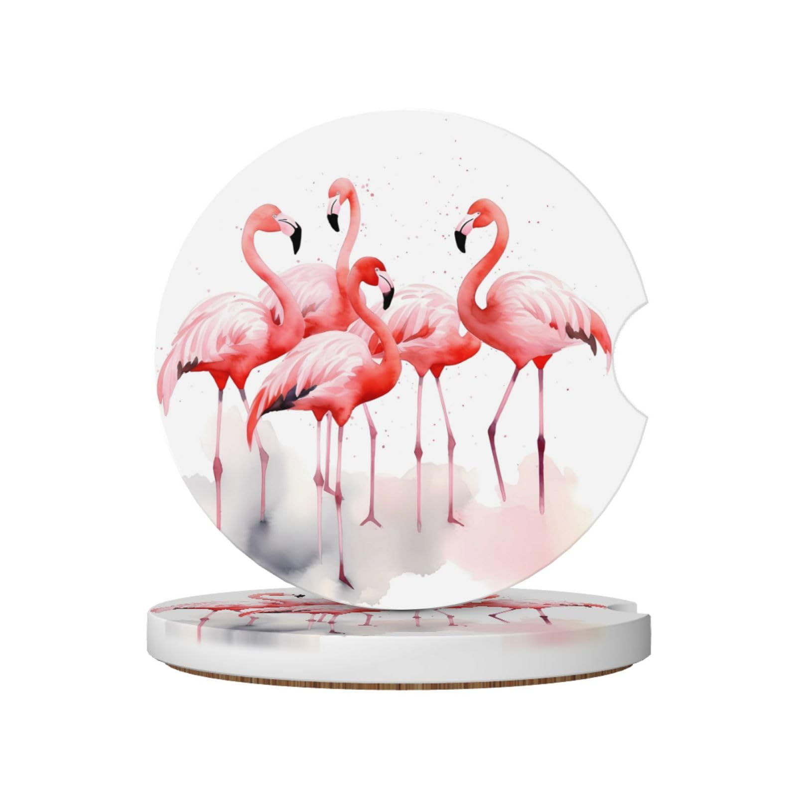 Set of 2 Pink Flamingos Ceramic Absorbent Car Coasters Dia 2.56"