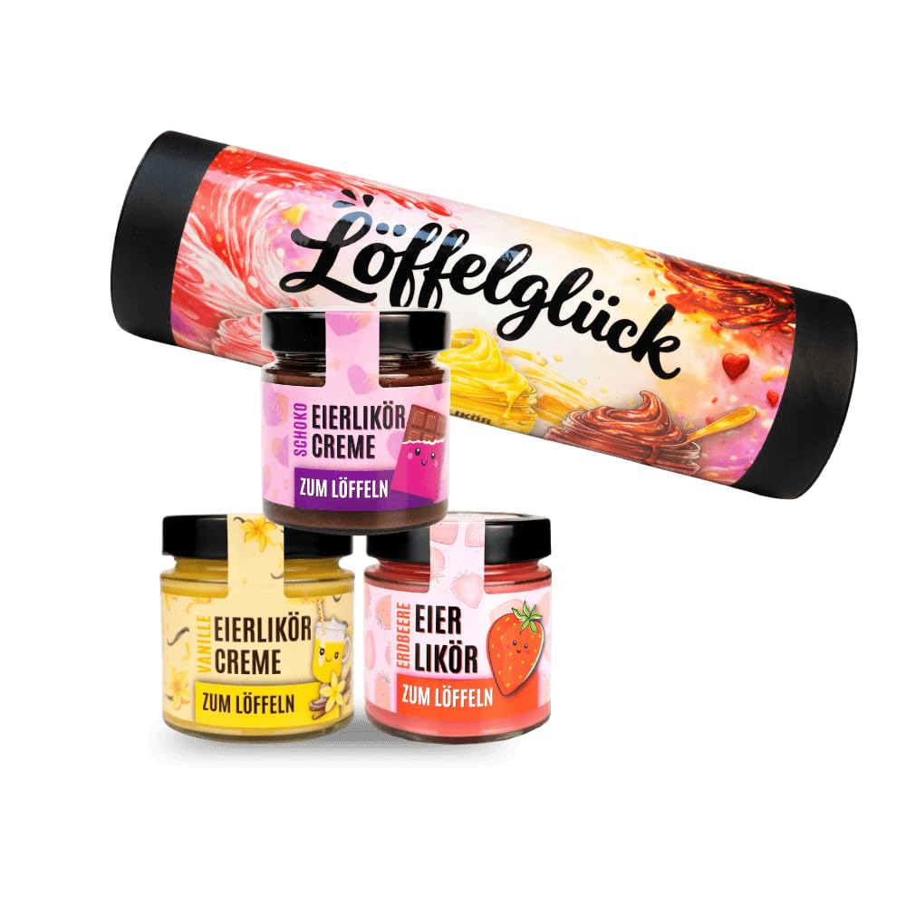Löffelglück Set - 3x Eierlikörcreme zum Löffeln (Schoko, Vanille, Erdbeere) - Geschenke für Frauen, Muttertage, Eierlikör-Liebhaber, Genuss & Feinkost
