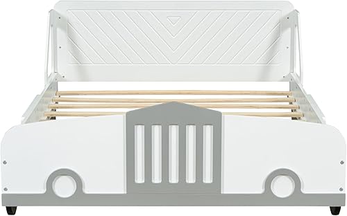 Miniatura 279 de Cama de plataforma en forma de auto de carreras con ruedas, cama de plataforma de madera tamaño individual con barandilla, cama de plataforma para