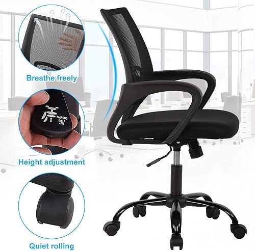 Miniatura 4 de Silla de oficina ergonómica de malla con respaldo medio, soporte lumbar, ajustable, giratoria, enrollable, silla de escritorio rosa con brazos para