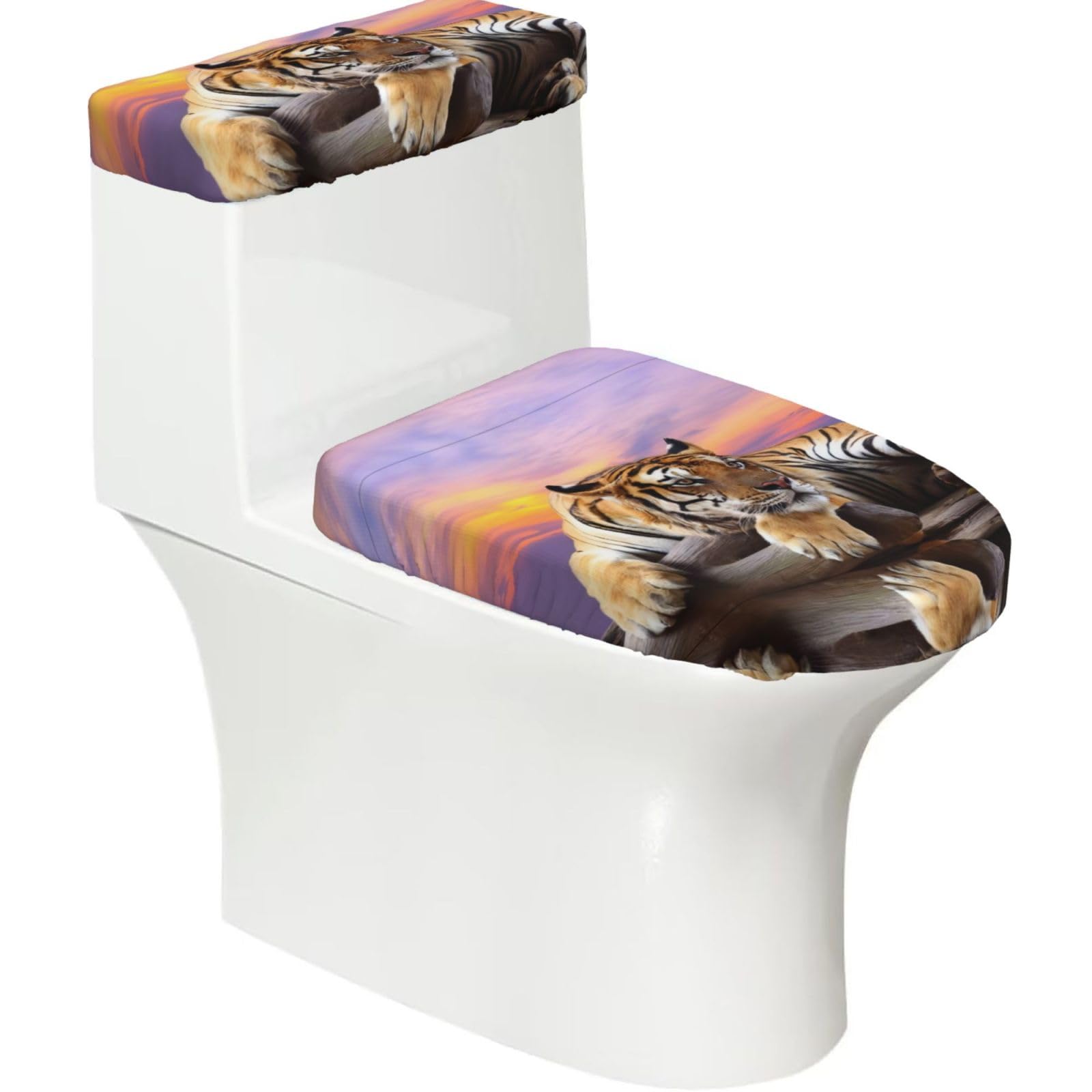 Tiger Lying on Wood 2-Piece Toilet Seat Cover Set with Tank Lid - Elastic for U-Shape & Elongated - Bathroom Decor