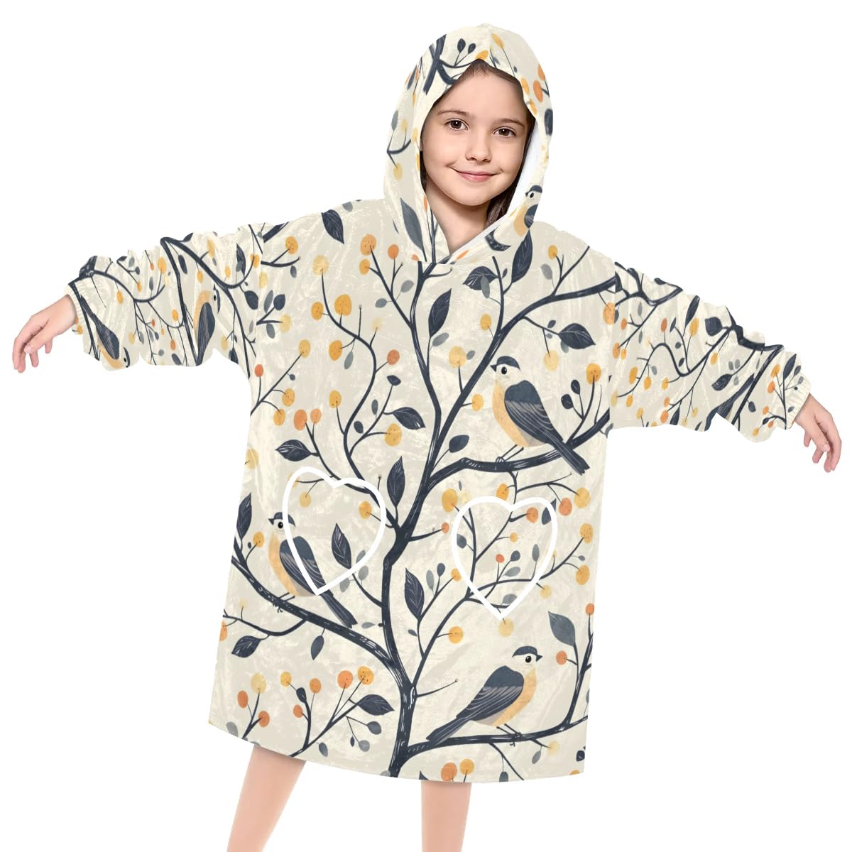 Wearable Blanket Hoodie for Kids, Wild Birds Fleece Sweatshirt Blanket Oversized Blanket Sweatshirt with Pocket Flannel Warm Hooded Blanket 6-10 Year Old Girl Boy Gift, One Size