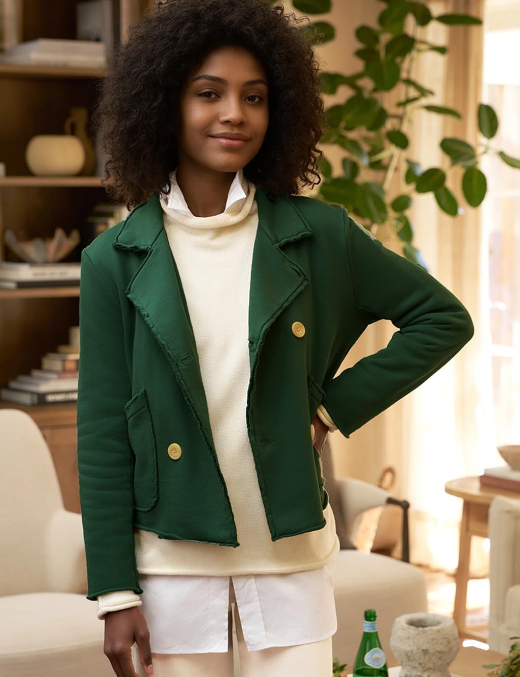 Stylish Woman Models a Cropped Green Pea Coat