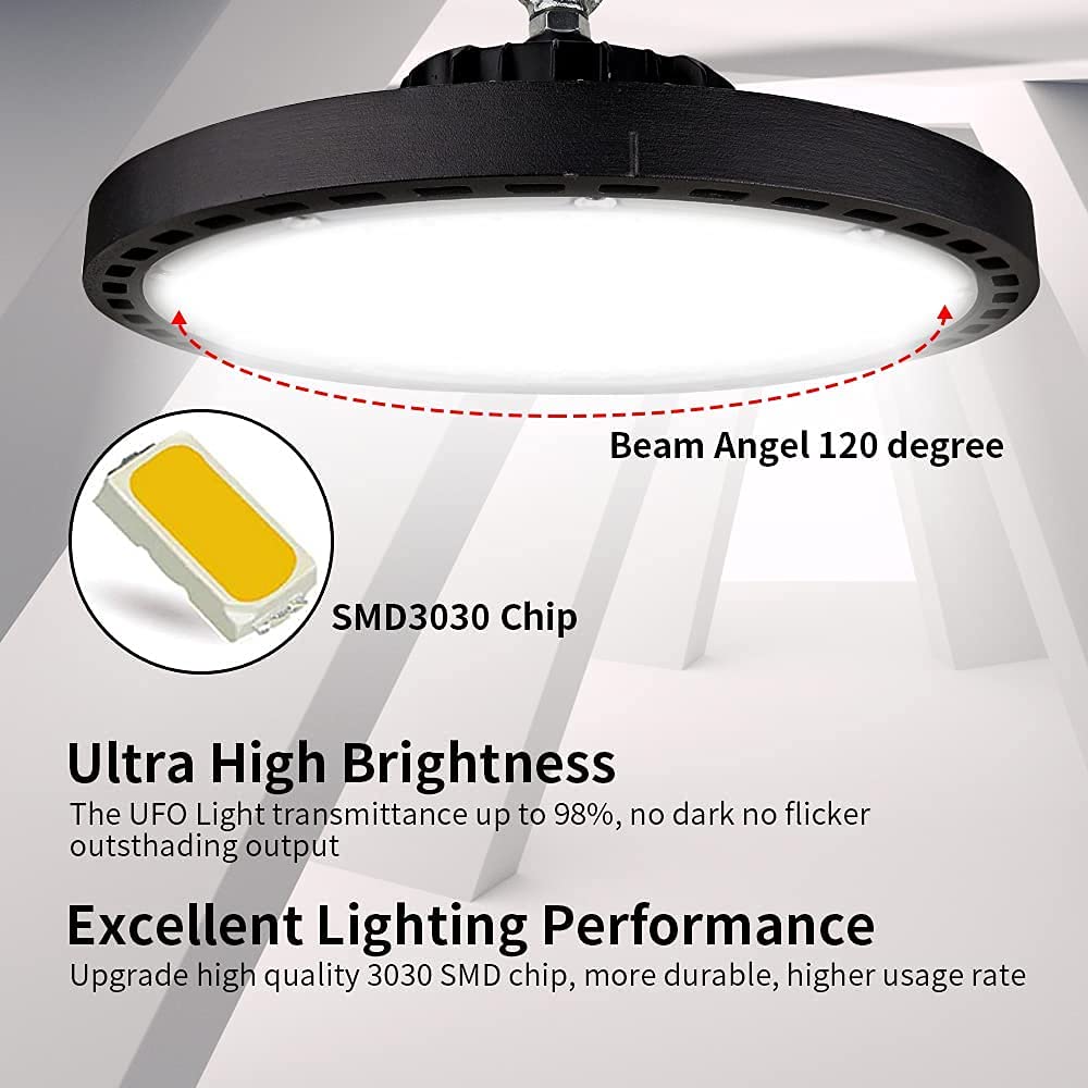 Oświetlenie LED High Bay 200 W, 20000 lm, 6500 K, przemysłowe oświetlenie UFO do fabrycznego magazynu, garażu, lotniska, energooszczędne reflektory sufitowe, 12 szt