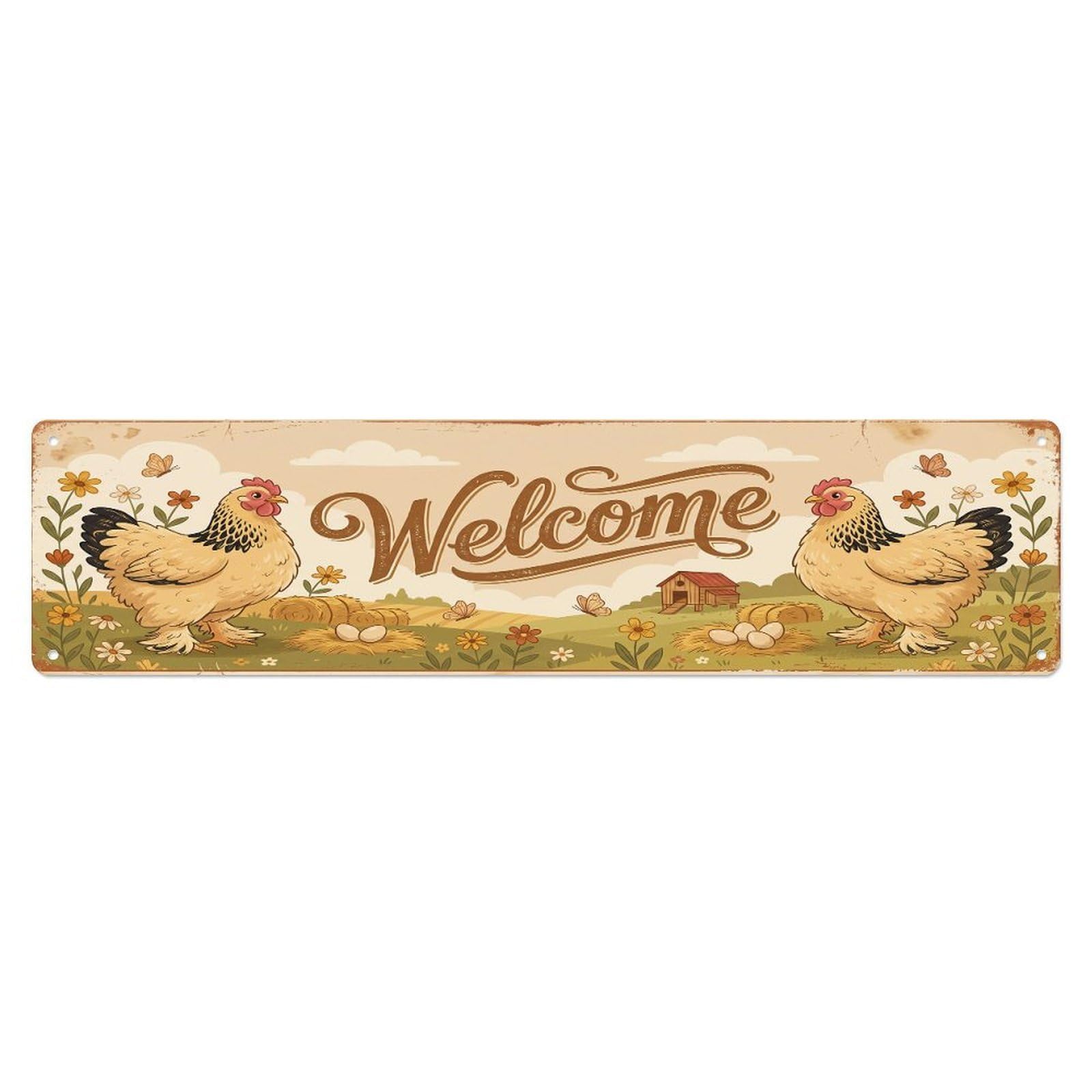 Olhnbad 4X16inch(10X40cm) Vintage Welcome Brahma Chicken Metal Tin Sign