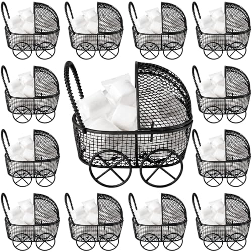 Image of Threehoney 12 Pcs Baby Shower Mini Carriage Decoration Black Metal Wired Fillable Candy Stroller Baby Shower Table Centerpiece for Guest Gender Reveal Wedding Party Favor Gift