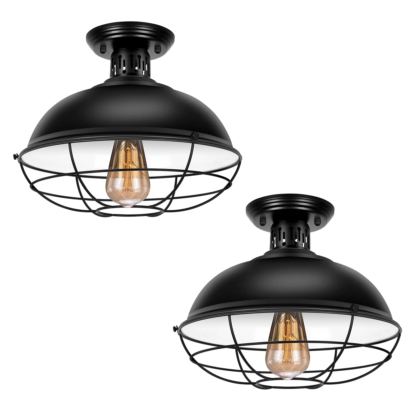 Vintage Rustic Semi Flush Mount Ceiling Light (2 Pack) - Farmhouse Black Metal Fixture For Hallway, Kitchen, Porch, Entryway - View #10
