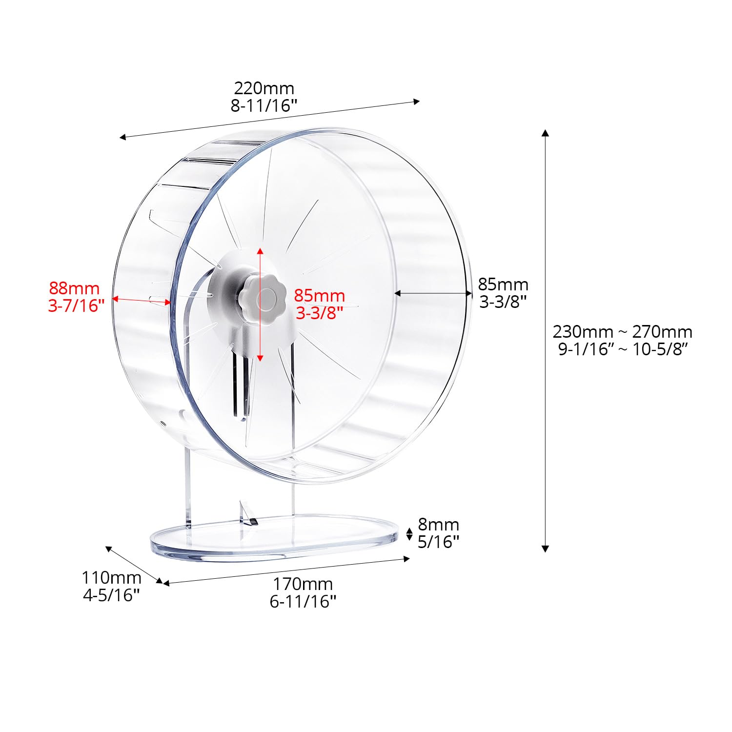 QWORK® Ruota per Criceti Silenziosa, 22 cm - Antiscivolo con Supporto Regolabile per Criceti, Topi, Gerbilli e Roditori - in Acrilico Trasparente