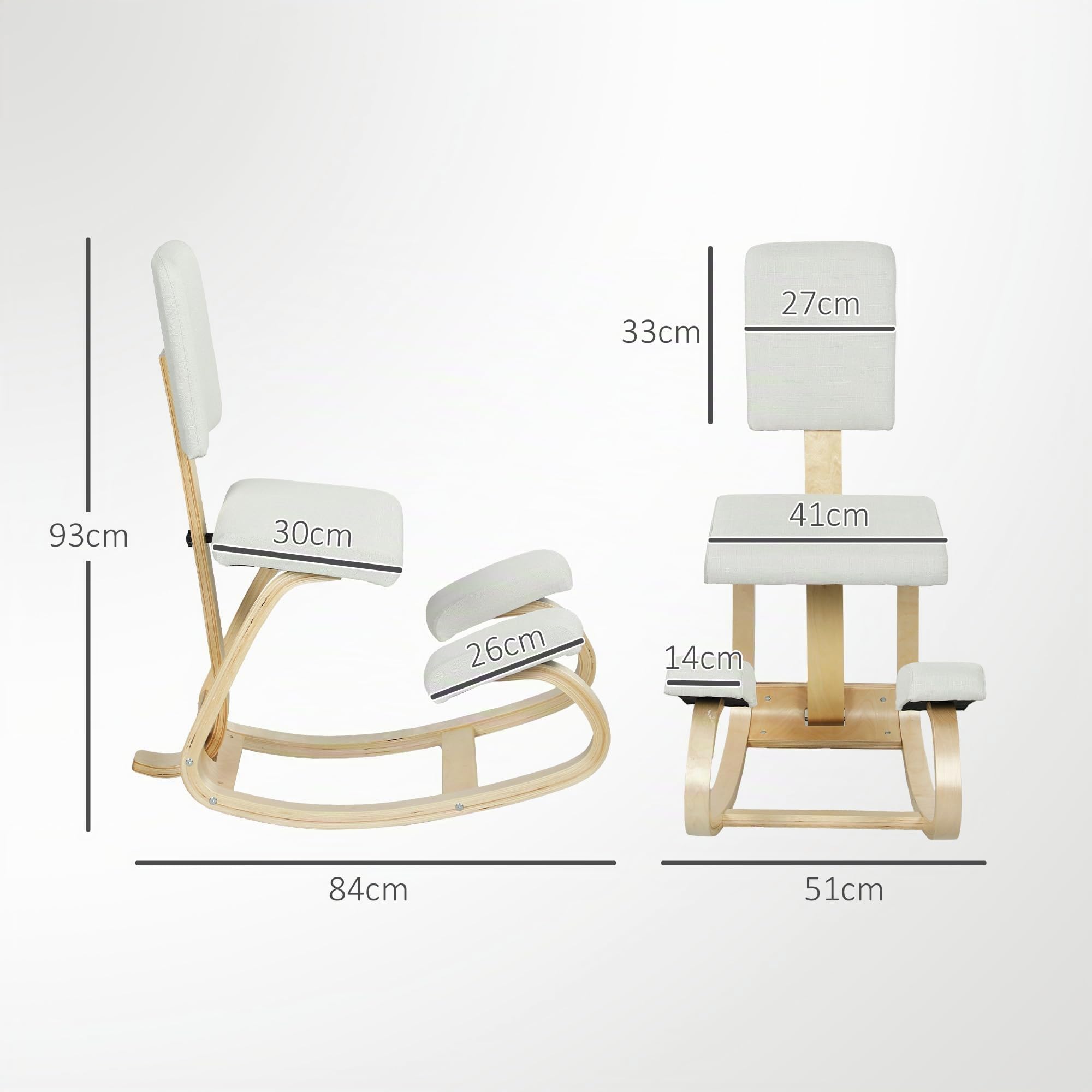 HOMCOM Ergonomischer Kniestuhl mit Rückenlehne, Sitz, Kniesitz mit Wippe, ergonomischer Hocker aus Holz, orthopädischer Bürohocker, Haltungskorrektor, lindert Rückenschmerzen, Creme