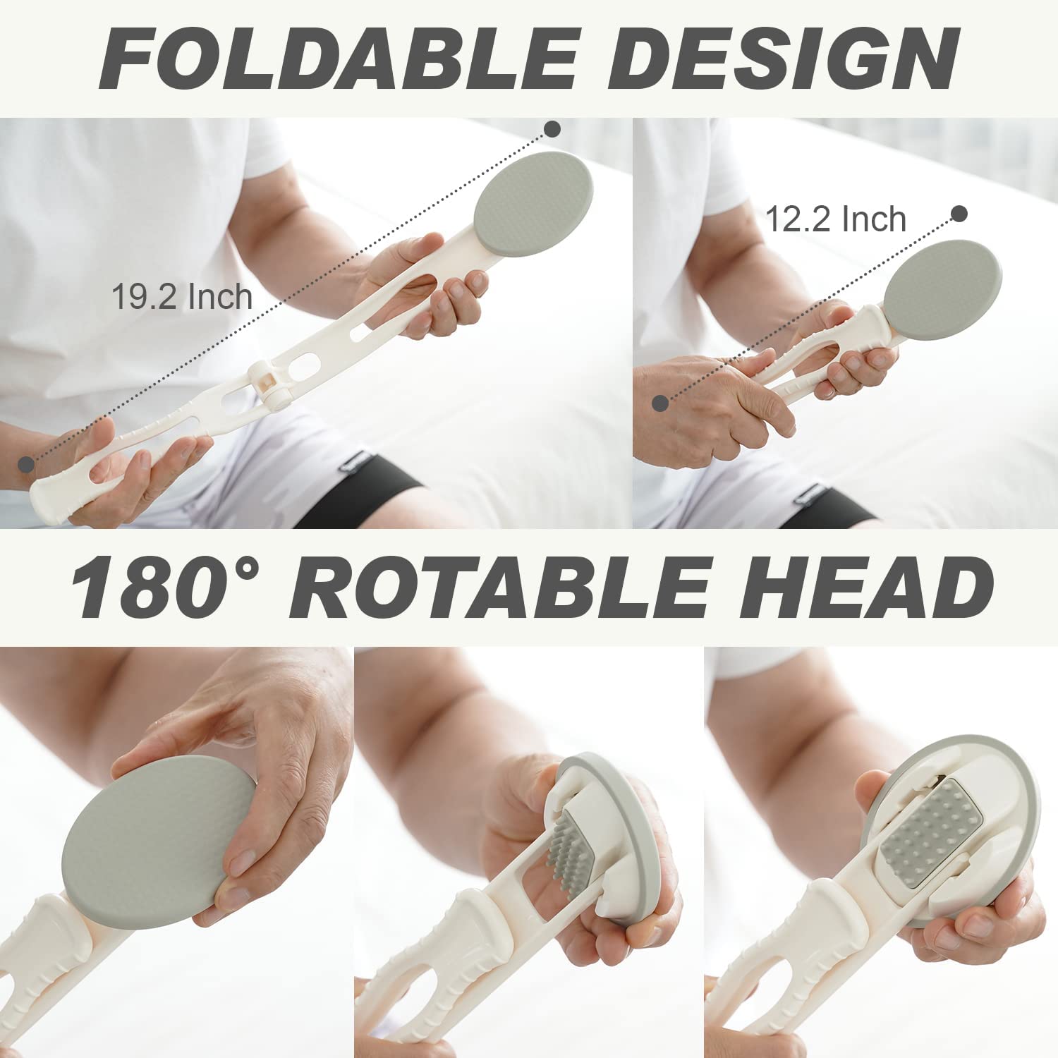 Aplicador de loción para espalda – 3 en 1 plegable, crema, protector solar, aplicador de ungüento, mango largo de 19 pulgadas, herramienta de masaje corporal – 1 almohadilla de cepillo corporal, 1 3