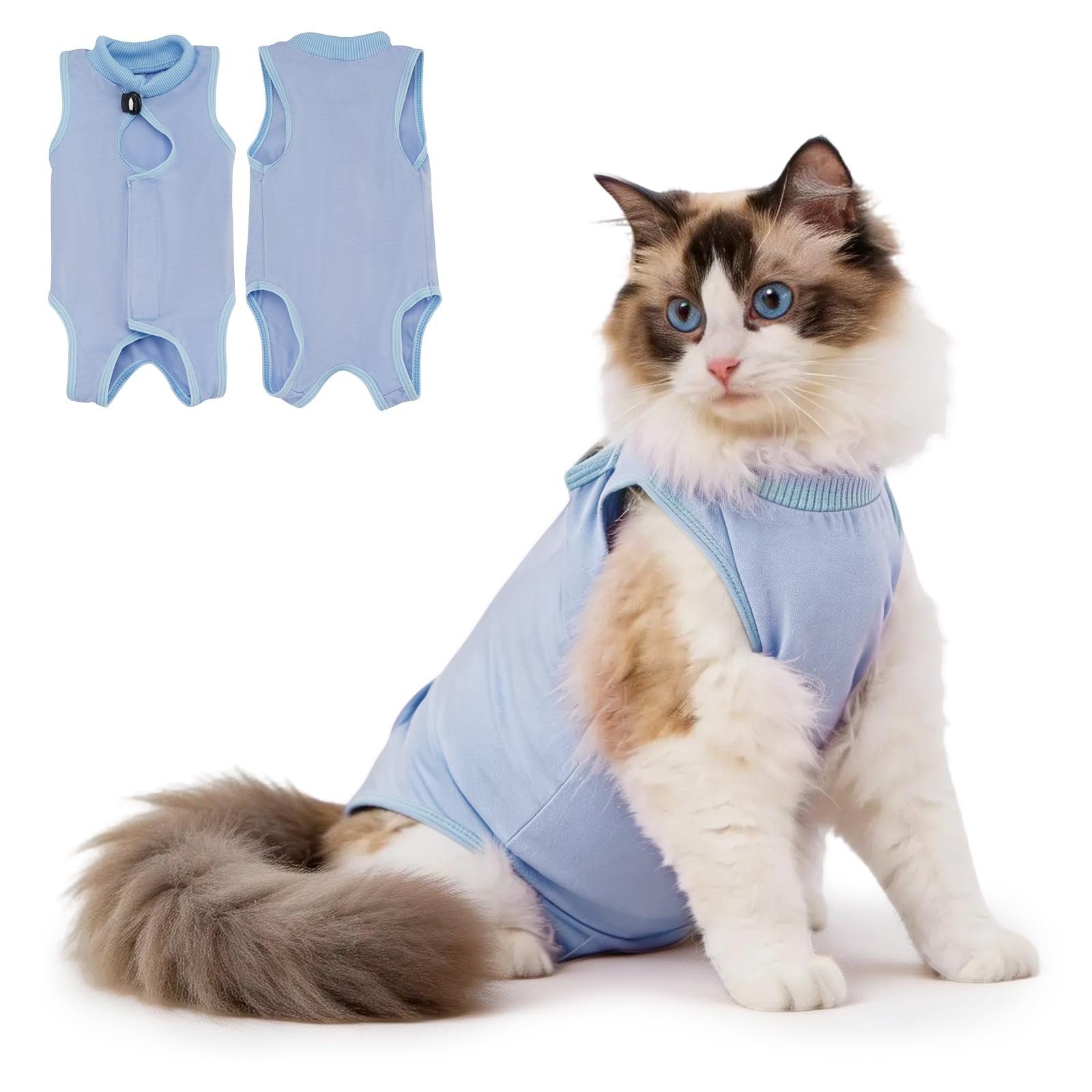 Avont Cat Recovery Suit Female Kitten After Spay Surgery, Breathable Modal Cotton Cat Onesie for Wound & Skin Disease Care, Machine Washable -Blue(M)
