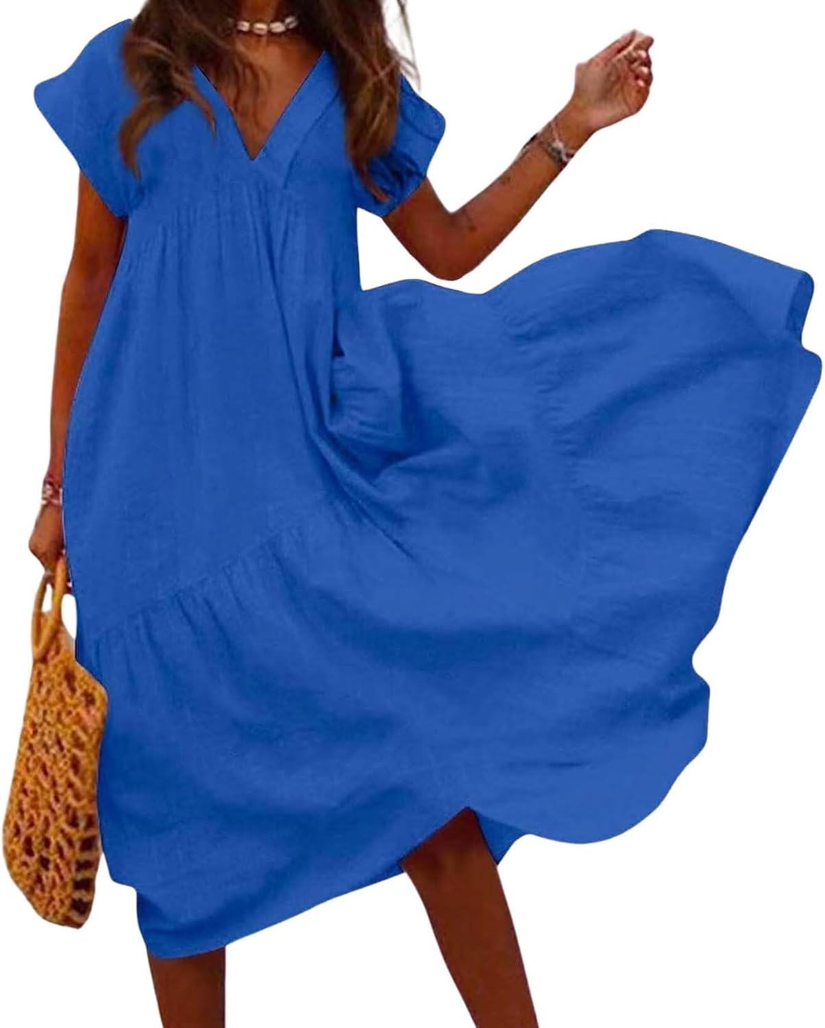 Summer Cute Womens Dresses Short Sleeve and Ruffle Hem Beach Loose Swing Casual Dresses Size Large Available