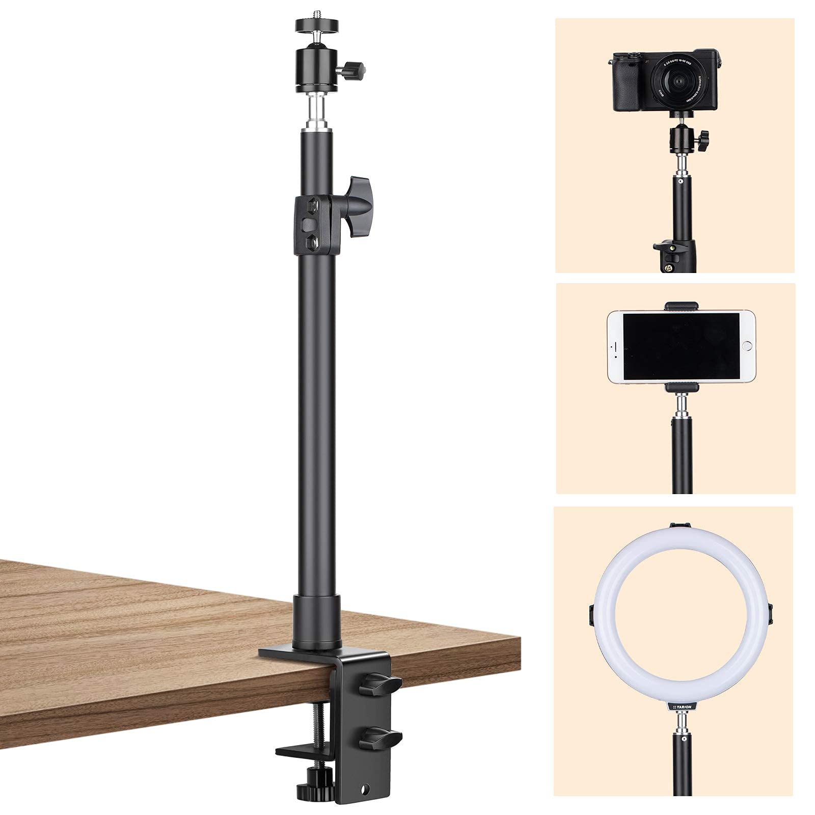 KASTWAVEExtendable Camera Desk Mount, 45-74cm Adjustable Table Mount with 1/4 Screw and Extra 360° Ball Head, Camera Clip Stand for Live Streaming, Video Photography Shooting