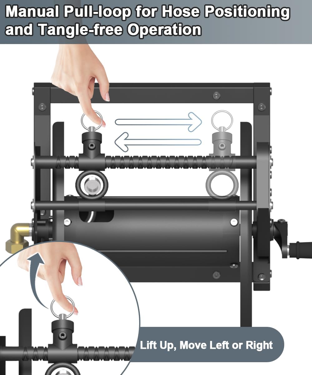 Wall Mounted Reciprocating Garden Hose Reel with Hose Guide, Outdoor Heavy Duty Metal Water Hose Holder Storage Rack Holds 125ft of 5/8'' Hose with Brass Fitting & 3.9ft Leader Hose, Black