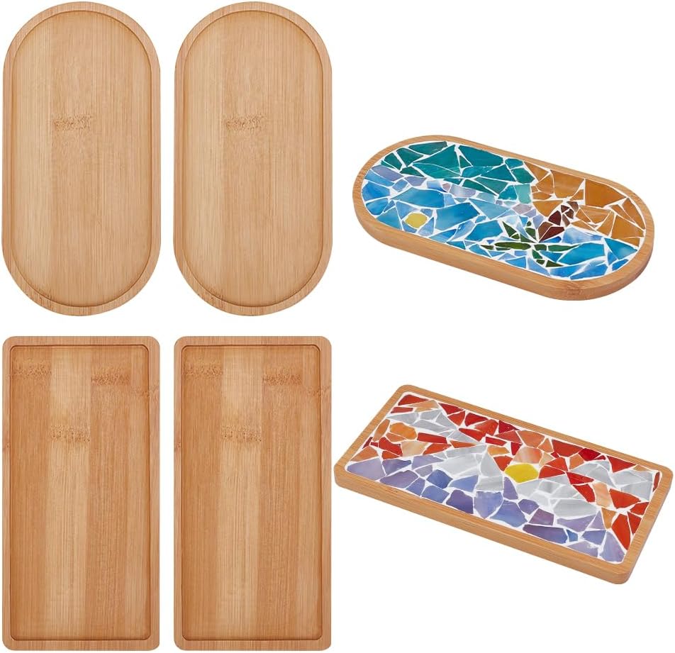 WEBEEDY Wooden Blank Base Trays Mosaic Bamboo Coasters Drinking Cup Coaster DIY Fillable Mosaic Plate Ornaments for Home Decor Living Room Countertop Mosaics Making Crafts(Set of 4)
