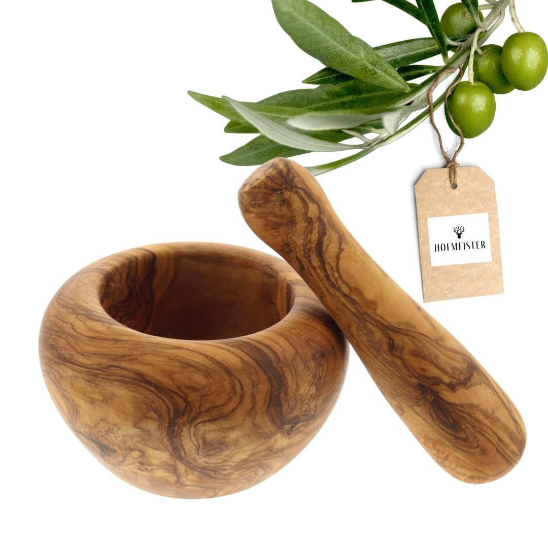 HOFMEISTER® Mörser aus Olivenholz - Hochwertige Küchenutensilien & Geschenkidee - Stilvoller Mörser mit Stößel für Kräuter und Gewürze, Durchmesser 11 cm