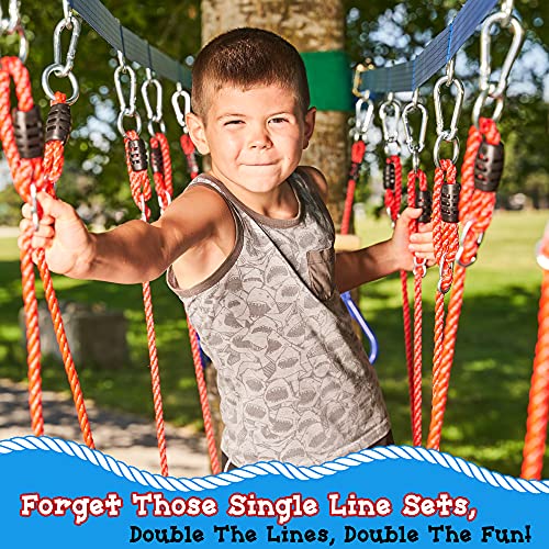 Double Slackline Obstacle Course - 110 Ft Line - Ninja Warrior Course with Monkey Bars for Kids - Patented Double Line Design (110' Ultimate Warrior Set, with Rickety Bridge)