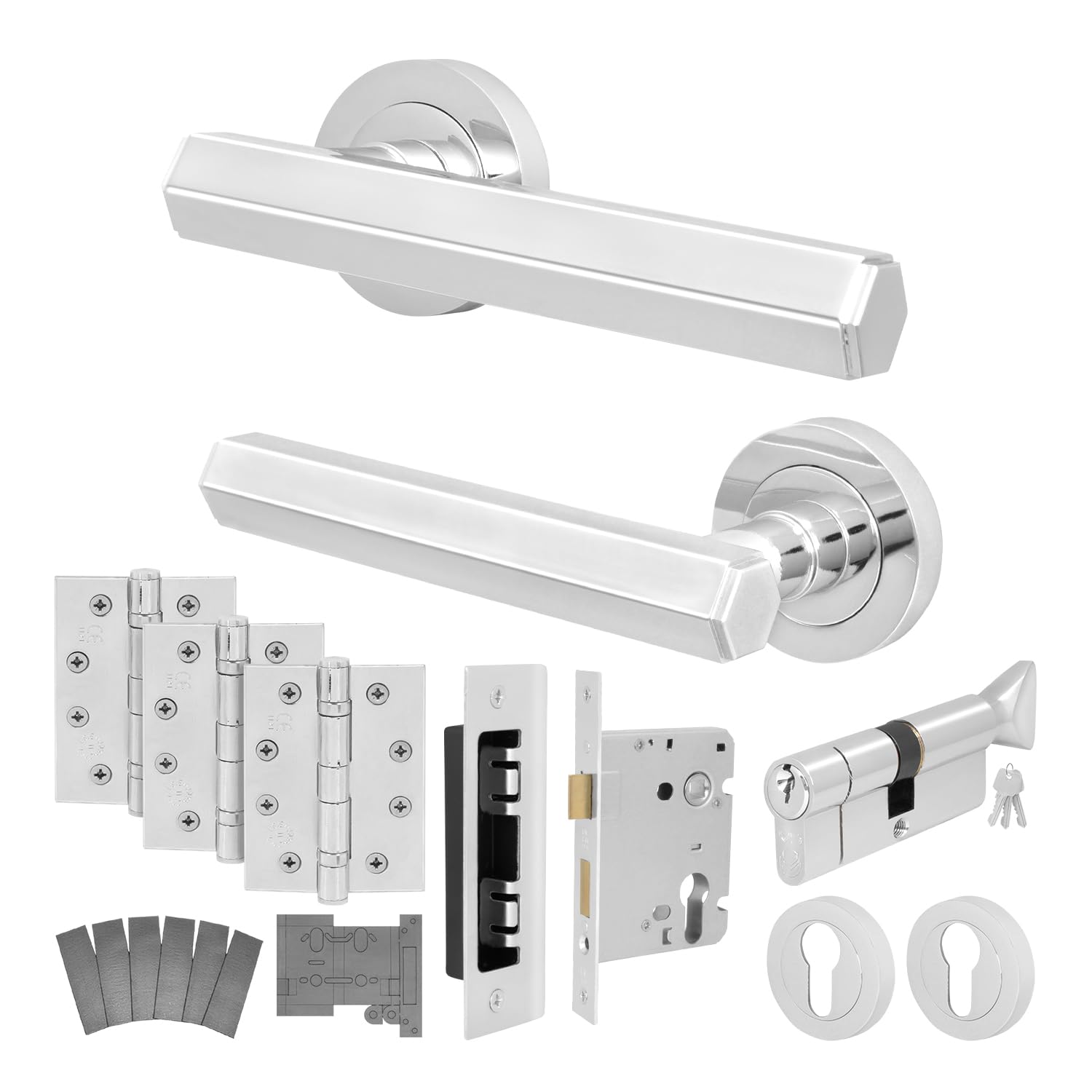 EAI Chrome Fire Door Handle Euro Lock and Thumbturn Cylinder Set, Polished Chrome Internal Fire Rated Door Handle Locks Hinges, Madre Range