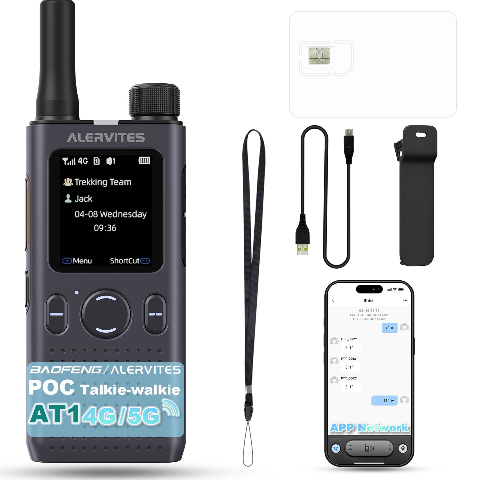 POC-AT1 Talkie Walkie Nationwide 4G/5G Network Radio No Distance Limit Ola APP Setting Long Range POC Two Way Type-C Charge Rapide pour entrepôt extérieur (Gris)