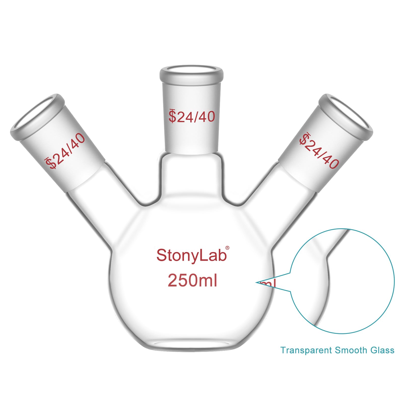 stonylab Pallone a Fondo Piatto a 3 Collo, Vetro borosilicato, Giunto Conico Standard 24/40, Pallone da Reazione per Laboratorio di Chimica, Capacità 250 ml