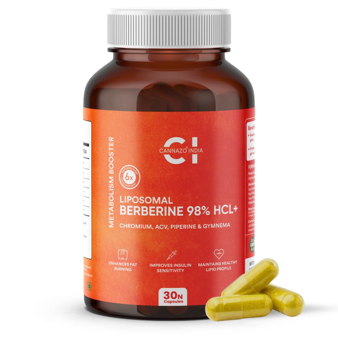 Cannazo India Liposomal Berberine 98% HCL+ 1000MG with Chromium, ACV, Piperine & Gymnema | Cholesterol Care | Weight Management & Metabolism Booster |Fat Burner for Men & Women | Hormonal Balance & Healthy Blood Sugar | 60 Veg Capsules