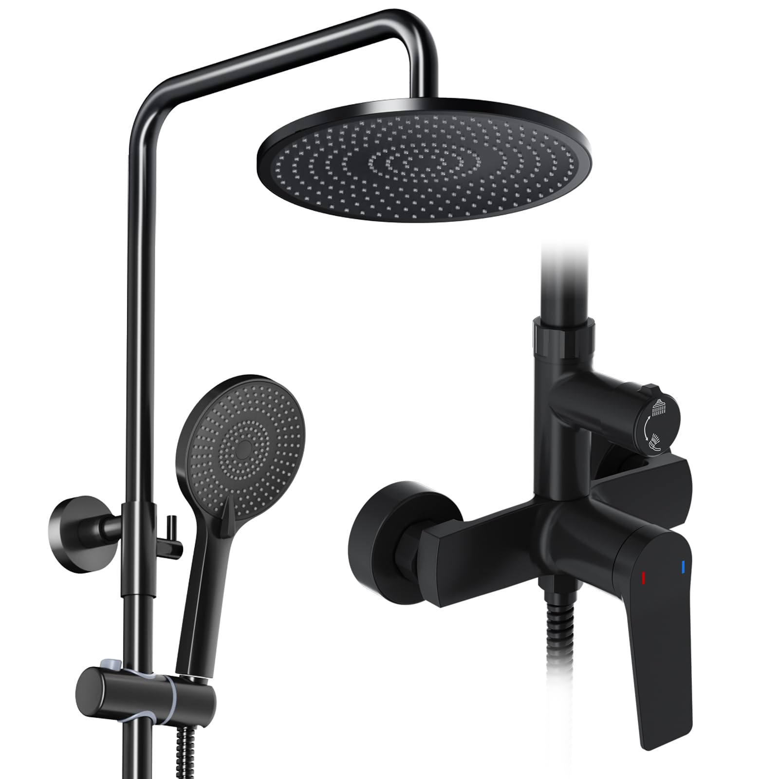 Rainsworth Colonna Doccia con Miscelatore Nero, 25 cm rotondo soffione doccia, doccia a mano 3 Funzione Doccetta, kit doccia, doccia completa