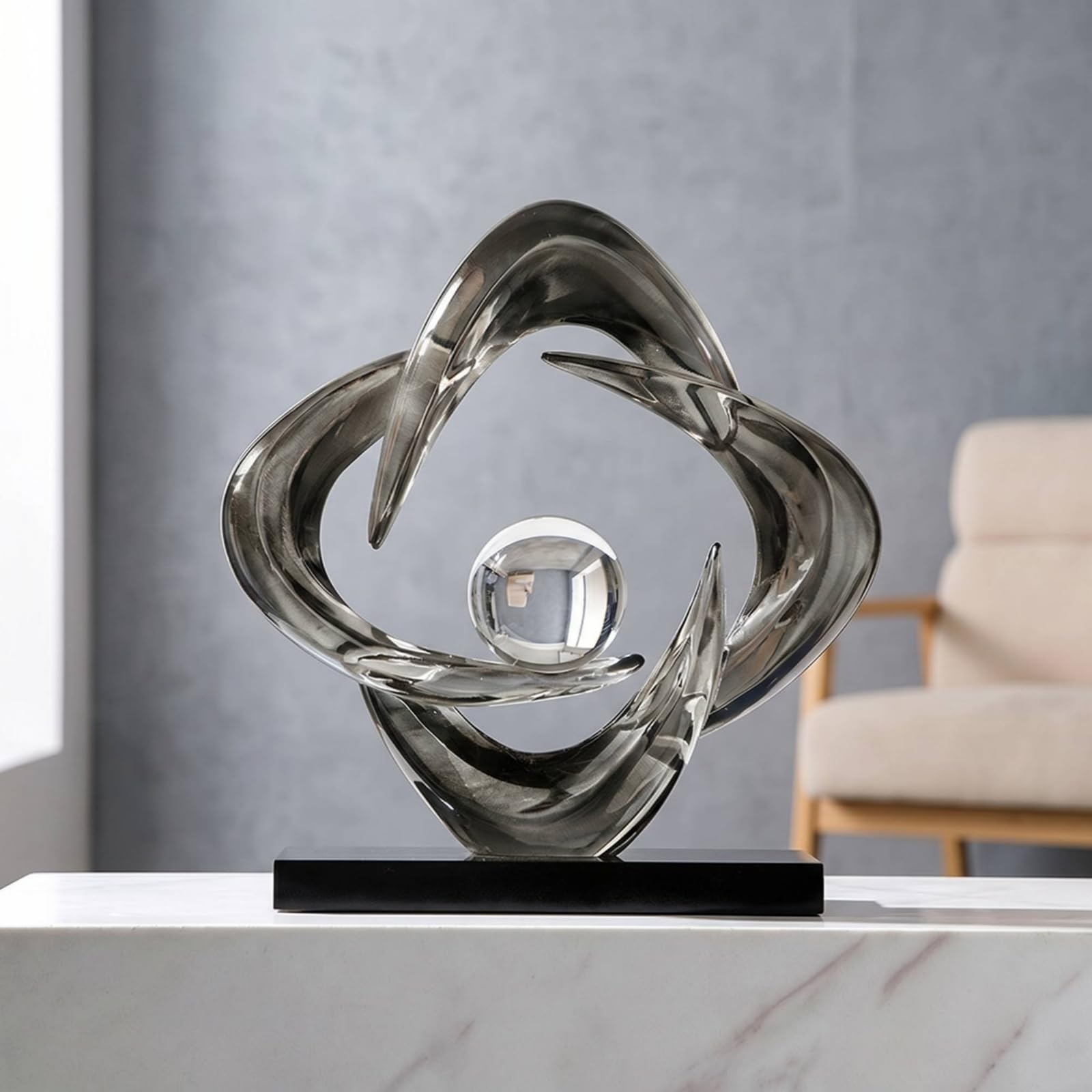 rockible Vier-Schleifen-Ringornament glänzend Tischskulptur mit Sockel dekorativ Wohndeko für Wohnzimmer, Büro, Transparentes Blau