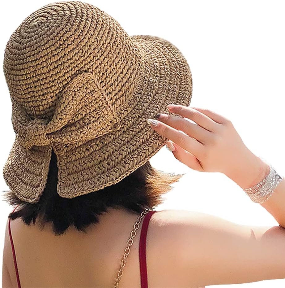 BseashFoldable Wide Brim Floppy Straw Beach Sun Hat,Summer Cap with Bowknot for Women Girls,Strap Adjustable