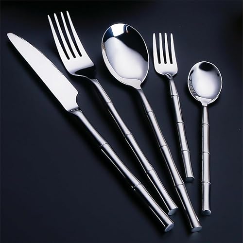 Juego de cubiertos de 30 piezas para 6 modernos juegos de cubiertos de acero inoxidable 1810, mango en forma de bambú, utensilios únicos para