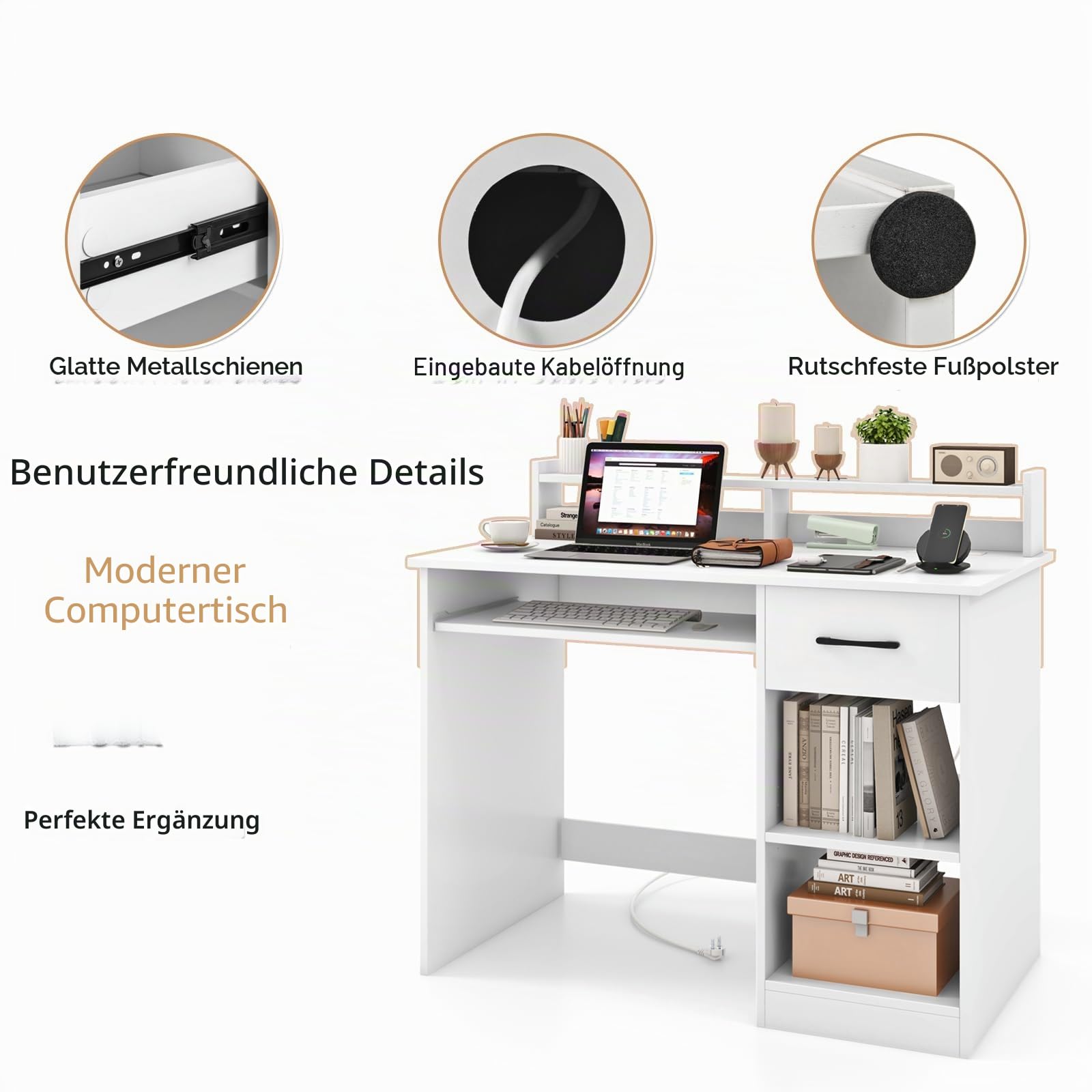 LIFEZEAL Computertisch mit Tastaturauszug, Schreibtisch Holz mit Steckdose & Ladestation, Bürotisch mit Ständer, PC Tisch für Arbeitzimmer Büro homeoffice (weiß)