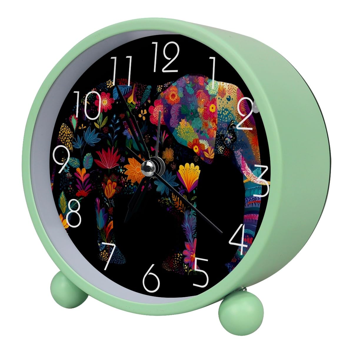 Luoweisi Analog Alarm Clock Elephant Floral, Silent Non-Ticking with Night Light, Battery Operated, Round Desk Alarm Clock for Office, Bedroom, Elderly, Adults, Children, Student Gifts