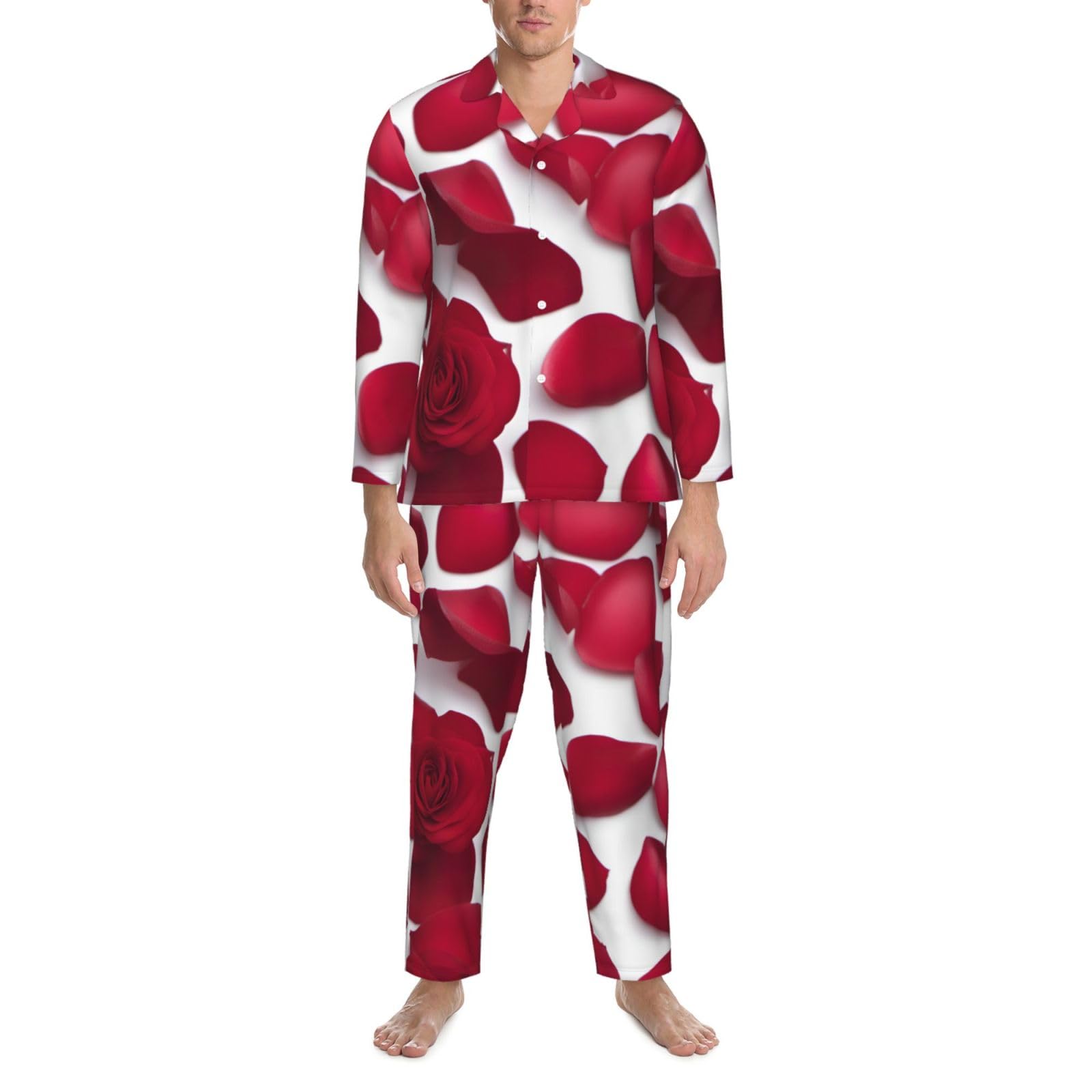 Set pigiama a maniche lunghe da uomo con stampa di petali di rosa rossa, abbigliamento da casa traspirante e accogliente per il fine settimana