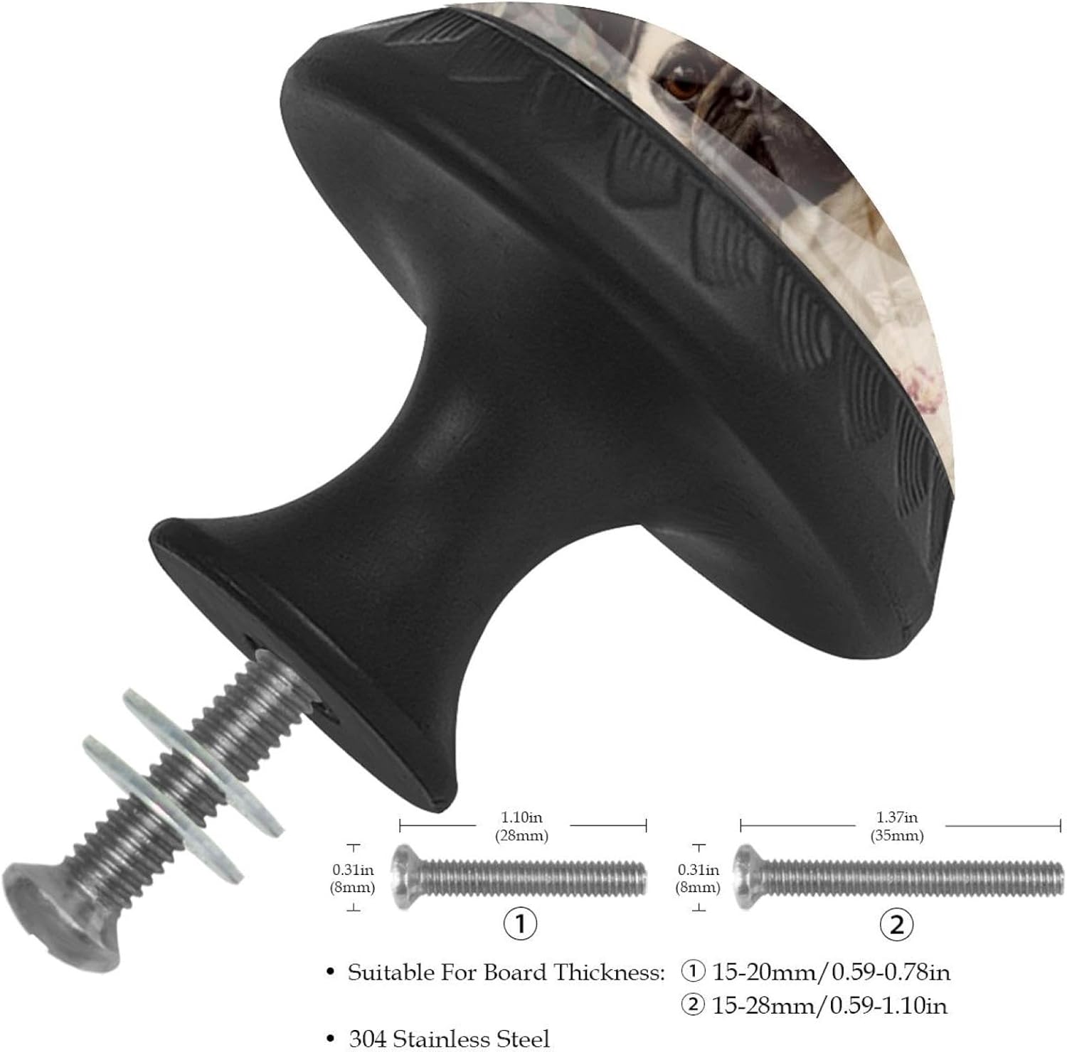 Black Base Pug and Florals Cabinet Pulls, Decorative Drawer Knobs for Wardrobe Dresser, Premium Glass Hardware with Screws