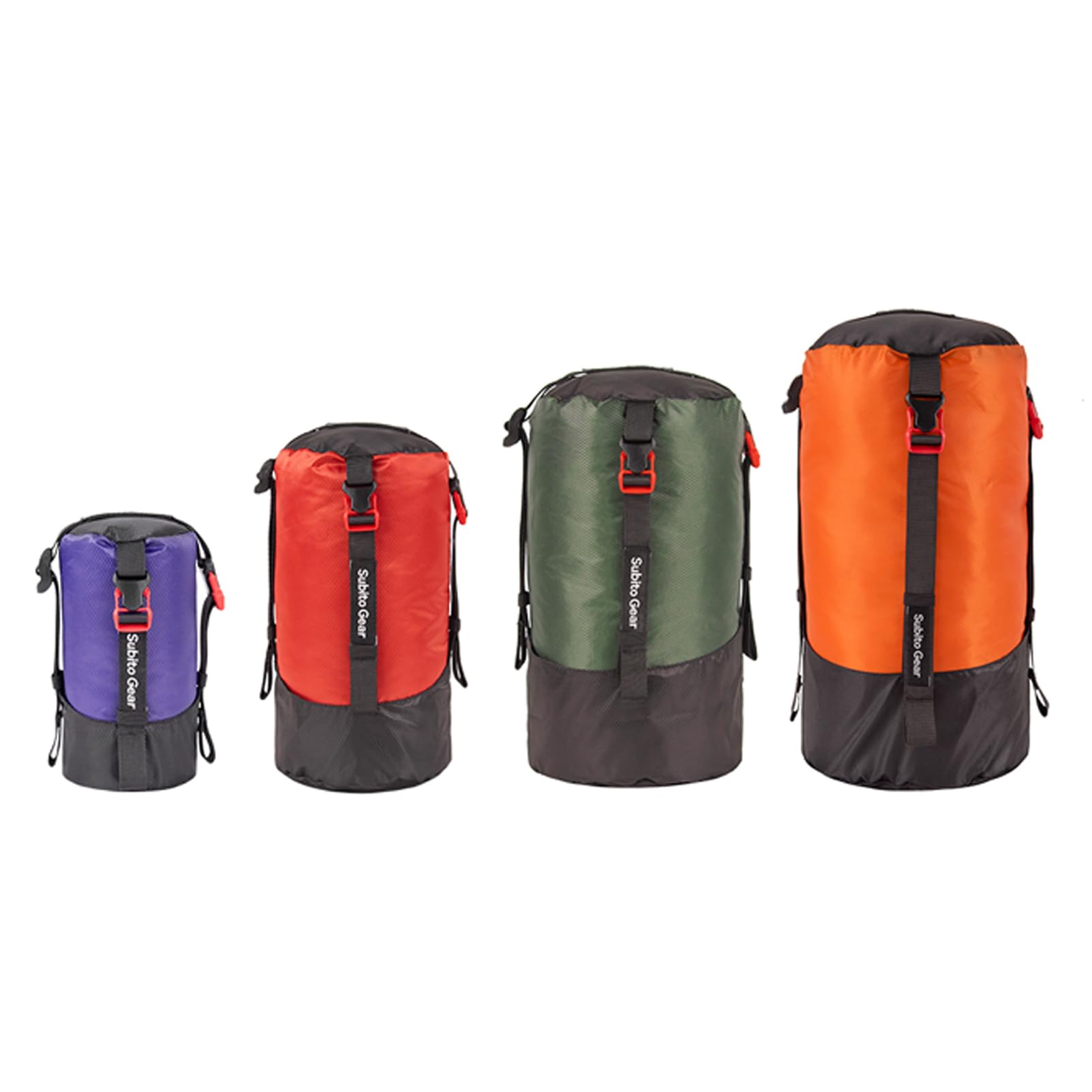 Ultra-light Compression Stuff Sack, 70D Nylon Sleeping Bag Stuff Sack 1L/5L/7L/17L/25L Compression Bag Space Saving Gear for Camping Hiking Backpacking (Purple+Red+Green+Orange)