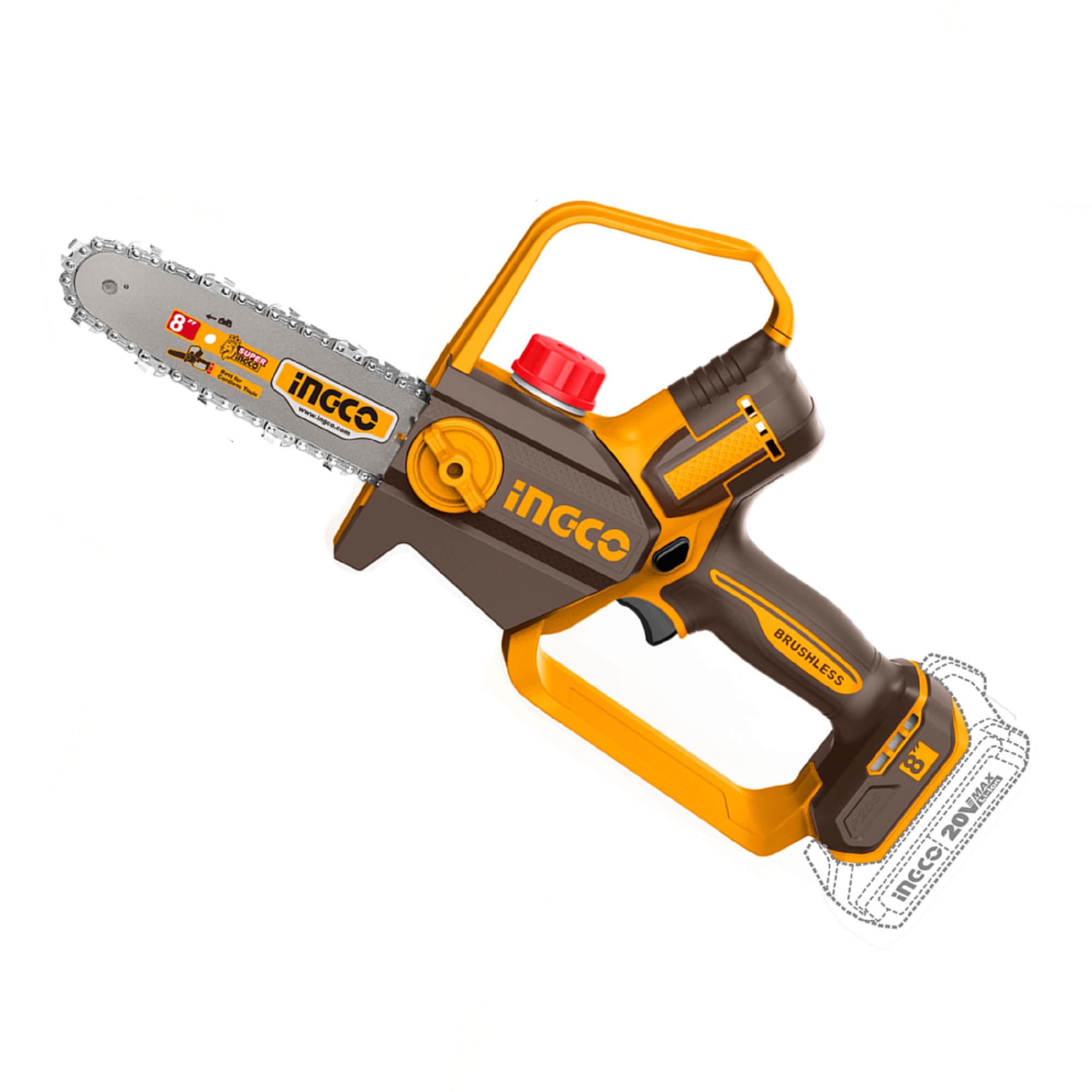 INGCO 20V Cordless Brushless Chain Saw (Body Only) 8 Inch, Chain Speed 11m/s, Cordless One-Hand Pruner Saw for Wood Cutting, Tree Branch Trimming-picture-24