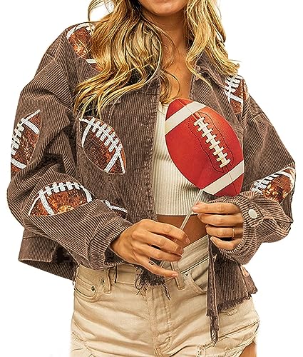 yoeasy Women's Corduroy Rugby Sequin Crop Jacket Raw Hem Vintage Football Distressed Short Jacket Coat With Pockets