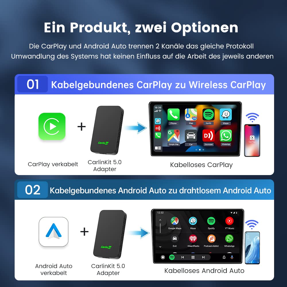 Carlinkit 5.0 2air Wireless Carplay und Wireless Android Auto Adapter,2026 Upgrade 2 in 1 Wireless Adapter,Konvertieren Werkseitig Verkabeltem CarPlay zu Wireless,Verkabeltem Android Auto zu Wireless