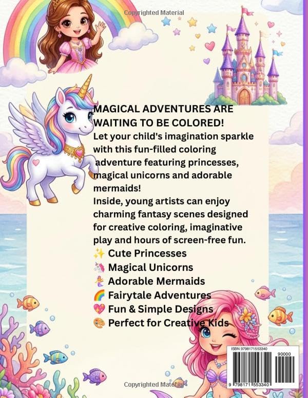 Fun Coloring Books For Kids - Princess, Unicorn & Mermaid: Magical Fantasy Coloring Pages for Girls and Boys - Easy to Color Toddler Gift for Travel with Magical Themes for Little Princess 1-3 image 3