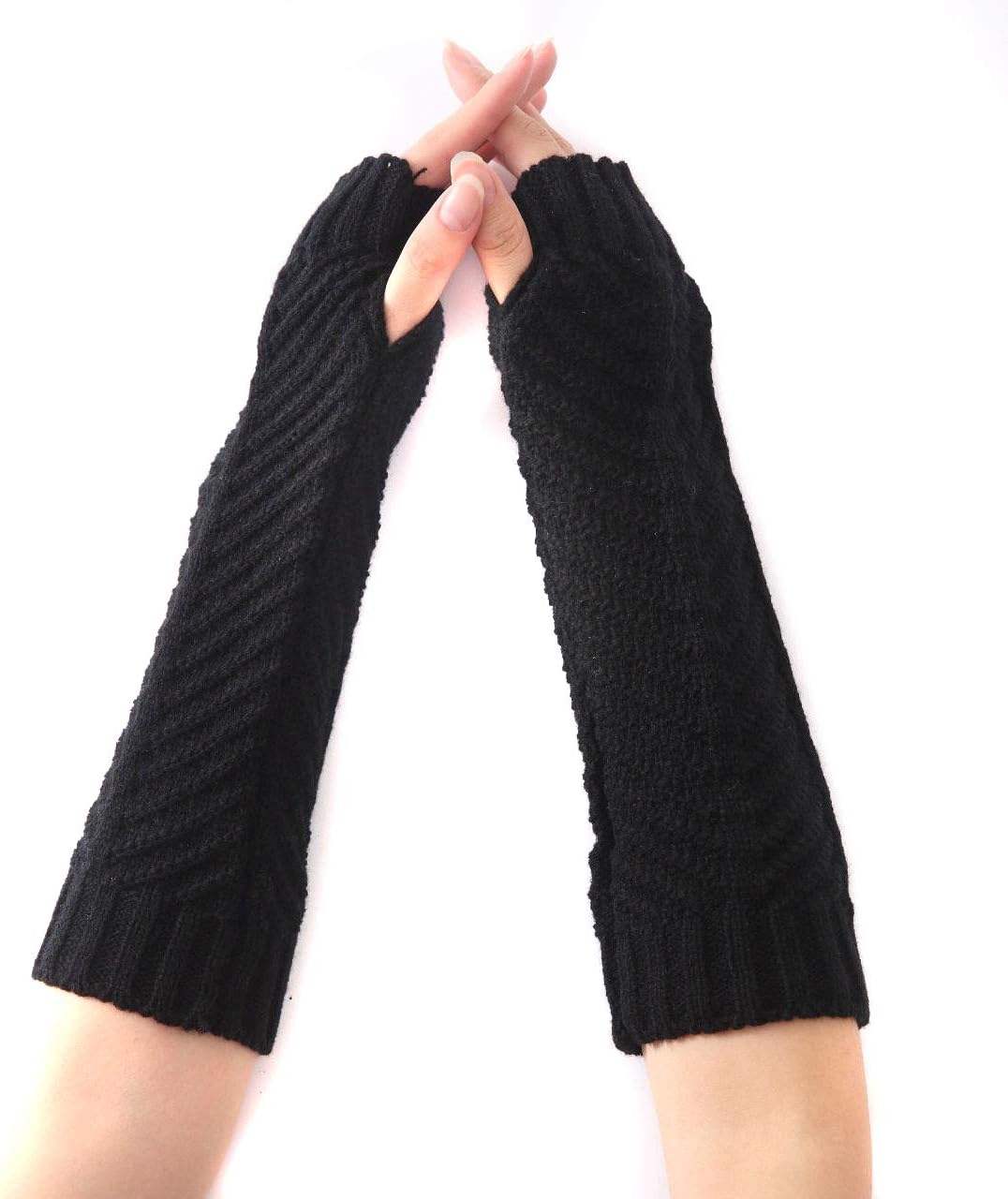 Happyupcity 1 Pair Winter Knitted Warmer Sleeves Long Arm Thumb Hole Gloves, Black, M